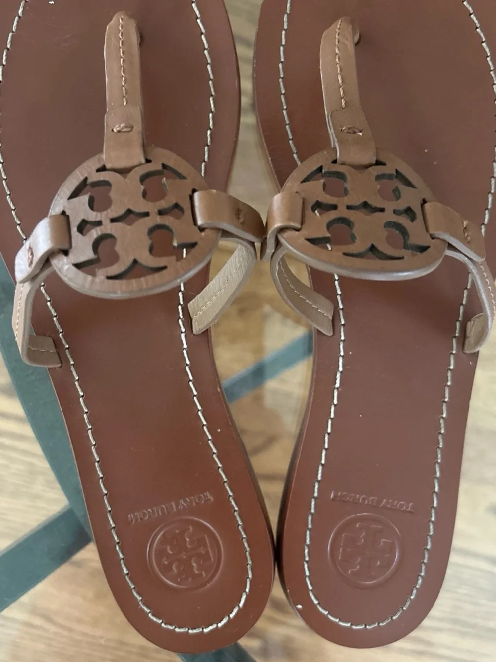 Tory Burch Brown Leather Logo Thong Sandals